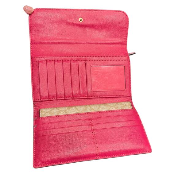 Coach Signature Coated Canvas Full Size PVC Checkbook Wallet Khaki / Pink Ruby - Picture 5 of 10